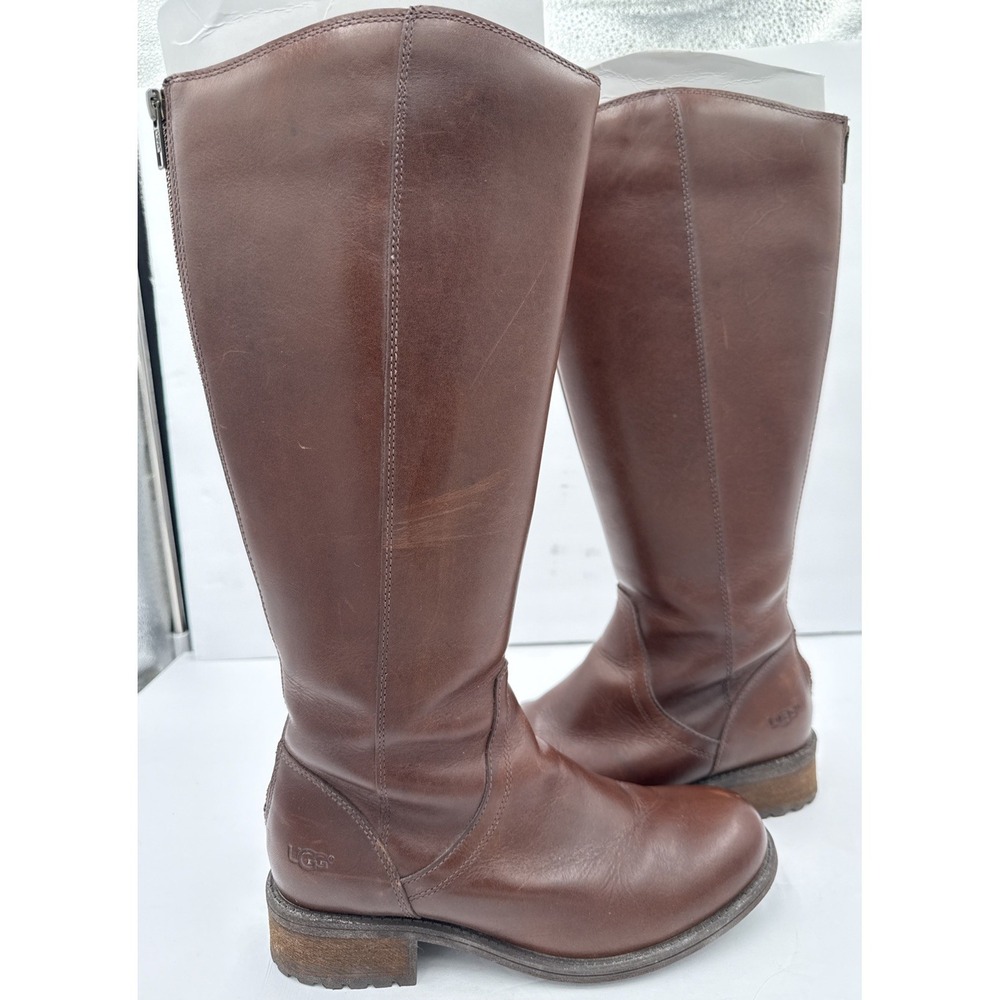 UGG Seldon Women's 7 Brown Leather Tall Riding‎ Boots 1006038 Zips Up Back Nice